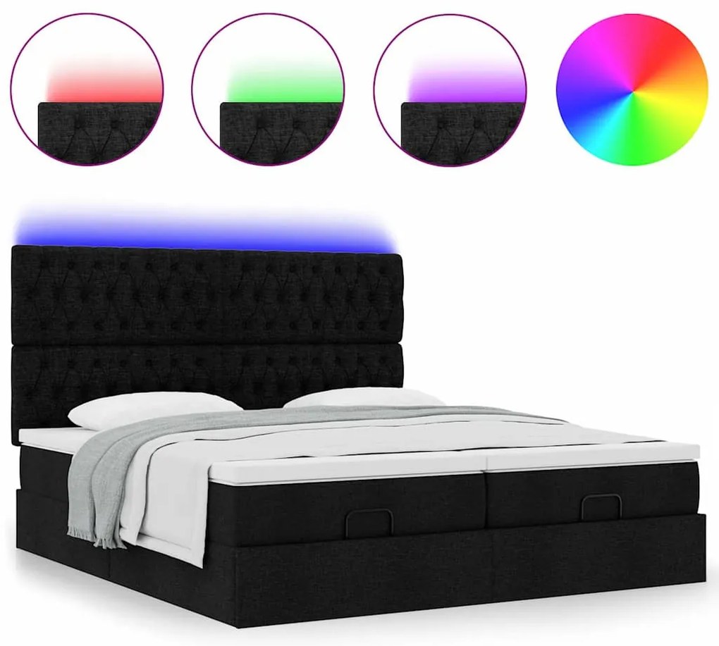 vidaXL Οθωμανικό κρεβάτι με στρώματα & LEDs Μαύρο ύφασμα 180x200cm
