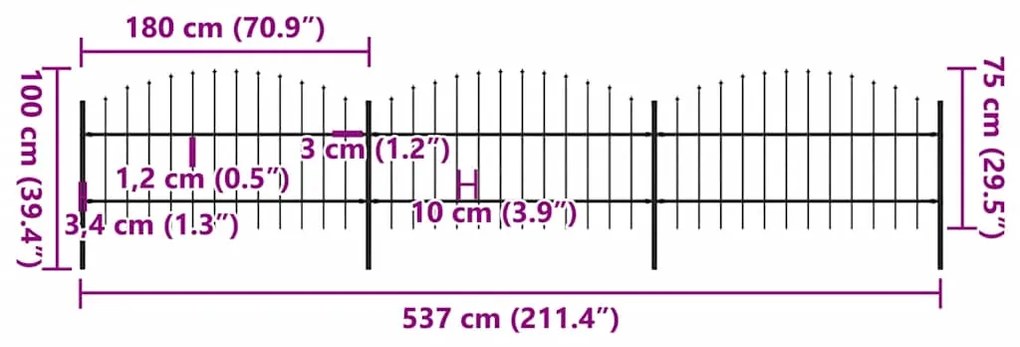 vidaXL Κάγκελα Περίφραξης με Λόγχες Μαύρα (0,75-1) x 5,1 μ. Ατσάλινα