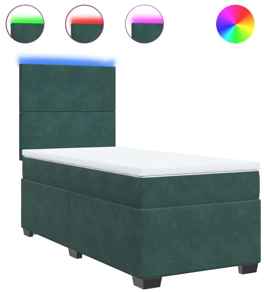 vidaXL Κρεβάτι Boxspring με Στρώμα Σκούρο Πράσινο 90x200 εκ. Βελούδινο
