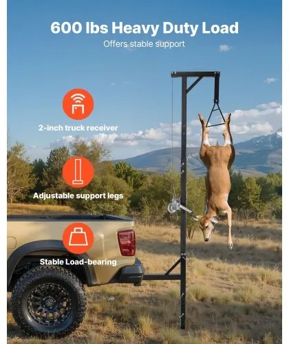 VEVOR Truck Hitch Game Hoist, 600 lbs Load Capacity, Hunting Deer Hoist with 2-inch Receiver, 360-Degree Swivel Shaft &amp; Adjustable Height, Includes Gambrel Winch for Skinning &amp; Cleaning Game