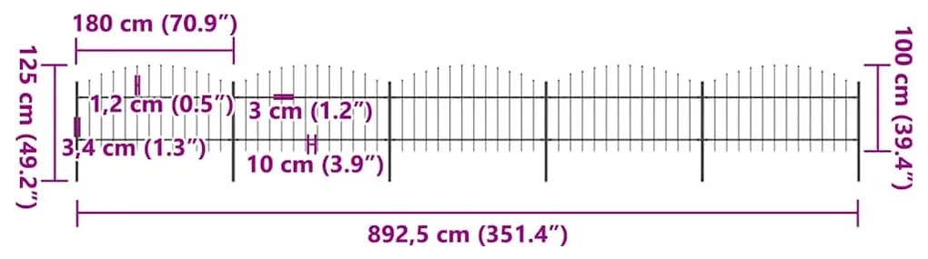 vidaXL Φράχτης Κήπου με Κορυφή Δόρυ από Ατσάλι 892,5 εκ. Μαύρος