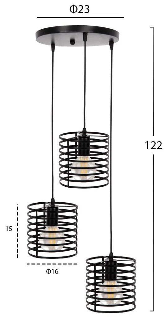 ΦΩΤΙΣΤΙΚΟ ΟΡΟΦΗΣ ΚΡΕΜΑΣΤΟ HM4091 3 ΜΑΥΡΟΙ ΜΕΤΑΛΛΙΚΟΙ ΚΥΛΙΝΔΡΟΙ Φ23x122Υεκ.