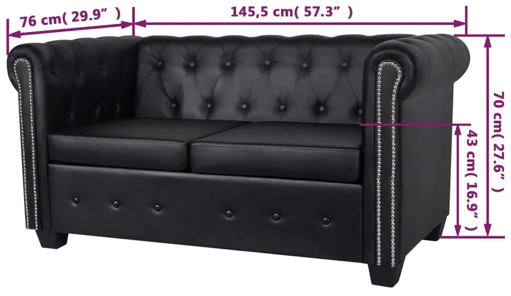 vidaXL Καναπές Διθέσιος Chesterfield Μαύρος από Συνθετικό Δέρμα