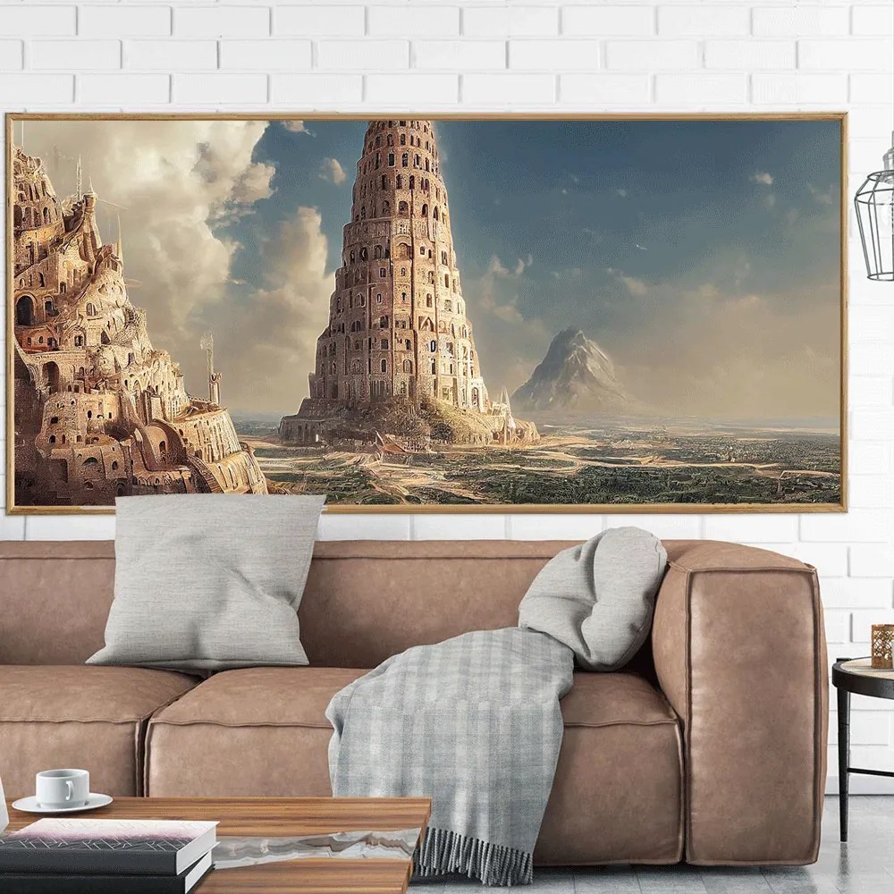 Πίνακας σε Plexiglass με Θέμα &#8220;Πύργος της Βαβέλ&#8221; σε ξύλινη Κορνίζα με ρυθμιζόμενο Φώς - 150cmX100cm