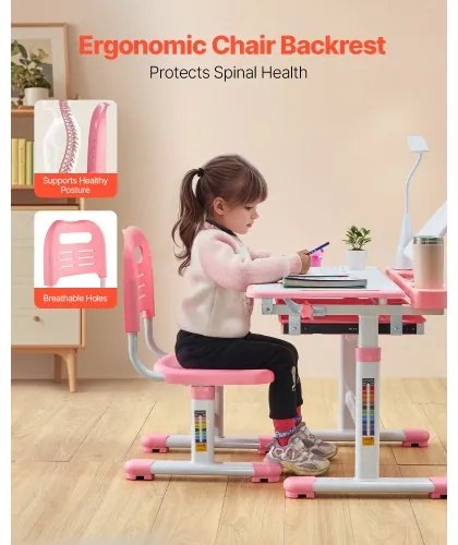 VEVOR Kids Chair and Desk Set Table Lamp Adjustable Height & Tilted Desktop Pink