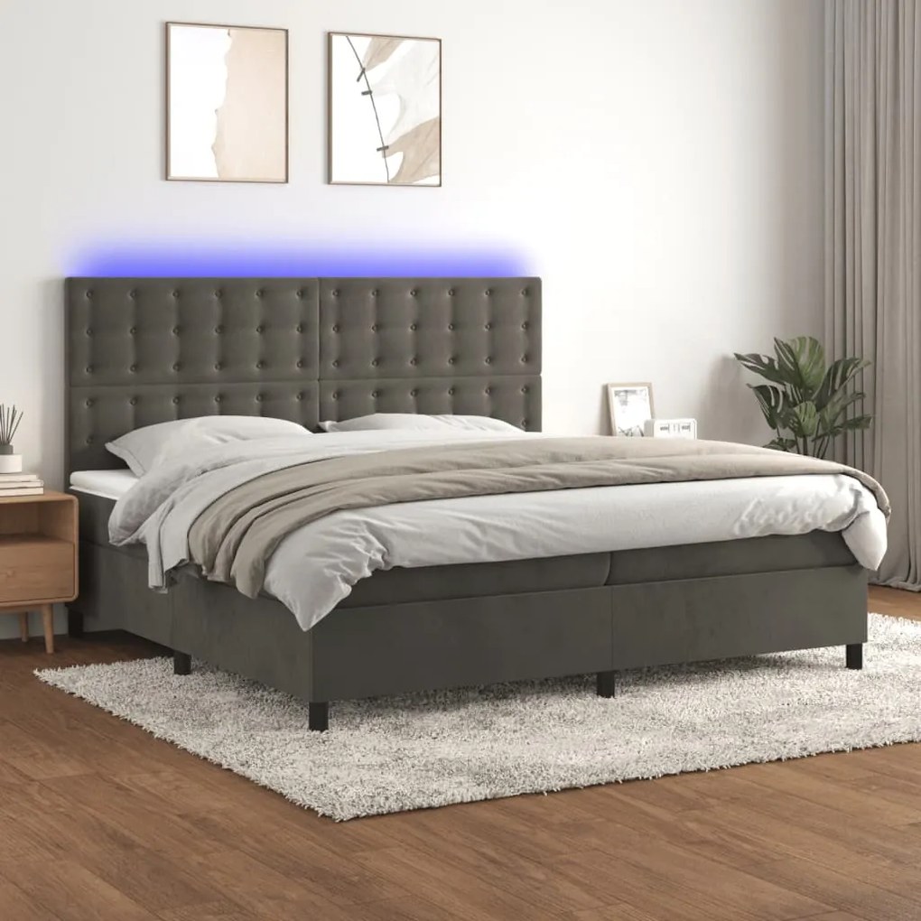 vidaXL Κρεβάτι Boxspring με Στρώμα & LED Σκ. Γκρι 200x200εκ. Βελούδινο