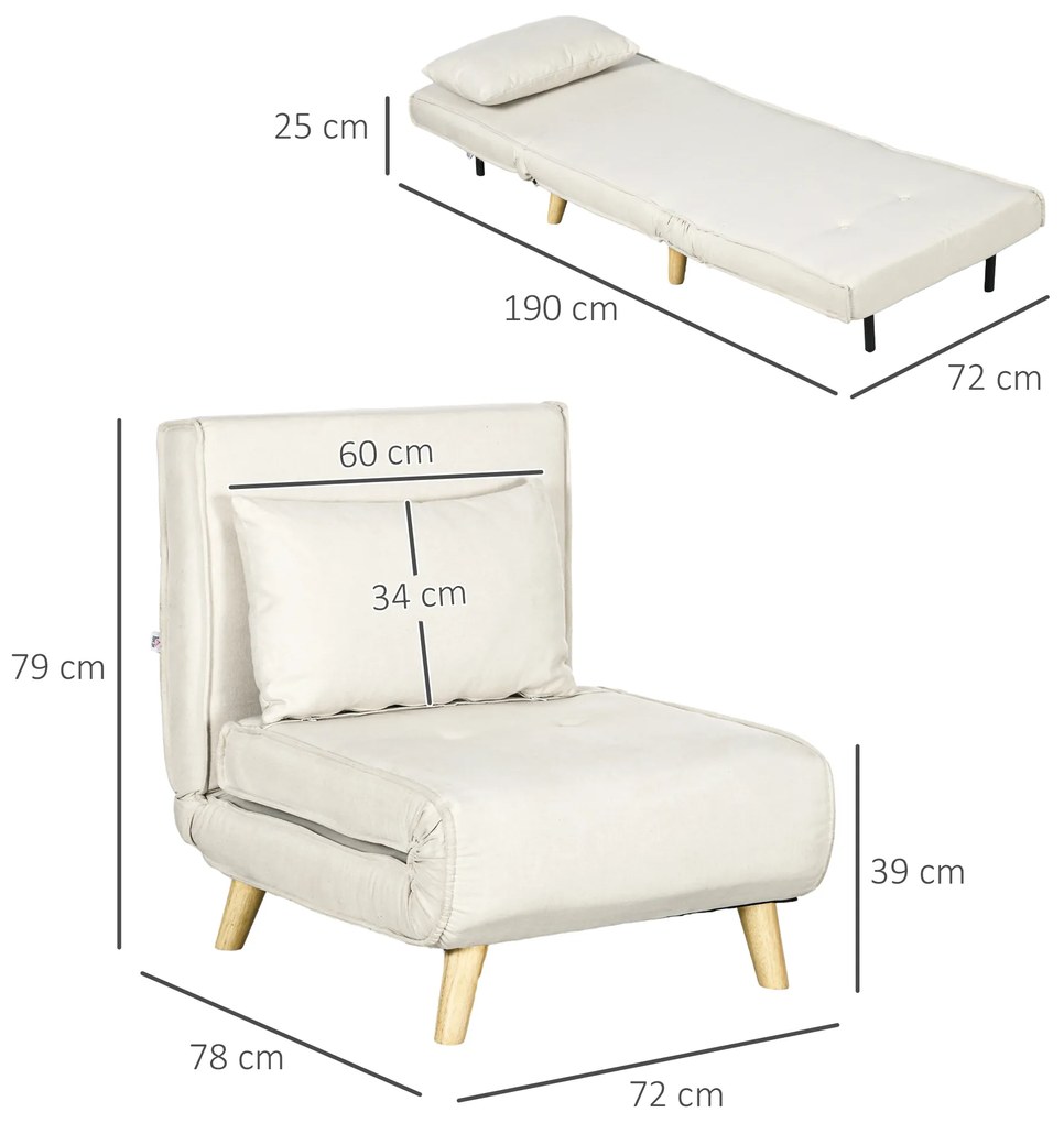 HOMCOM Πολυθρόνα-Κρεβάτι, 6-Θέσεων Ρυθμιζόμενη Πλάτη, Απομίμηση Λινού, έως 120 kg, Κρεμ