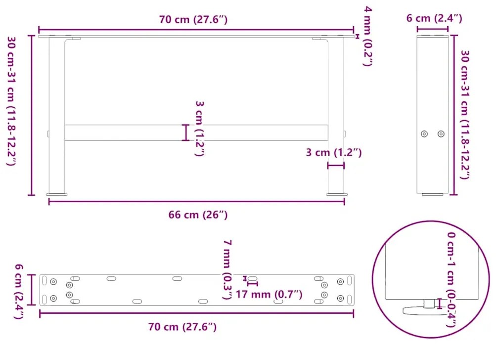 Πόδια τραπεζιού σαλονιού Λευκό 2 τεμ. 70x(30-31) εκ. Ατσάλι 4013269