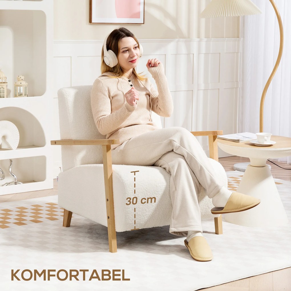 HOMCOM Πολυθρόνα με πλάτη, μπράτσα, Γεμισμένη πολυθρόνα lounge με εμφάνιση Sherpa, ξύλινα πόδια, για υπνοδωμάτιο, σαλόνι, έως 120 kg, κρεμ λευκό