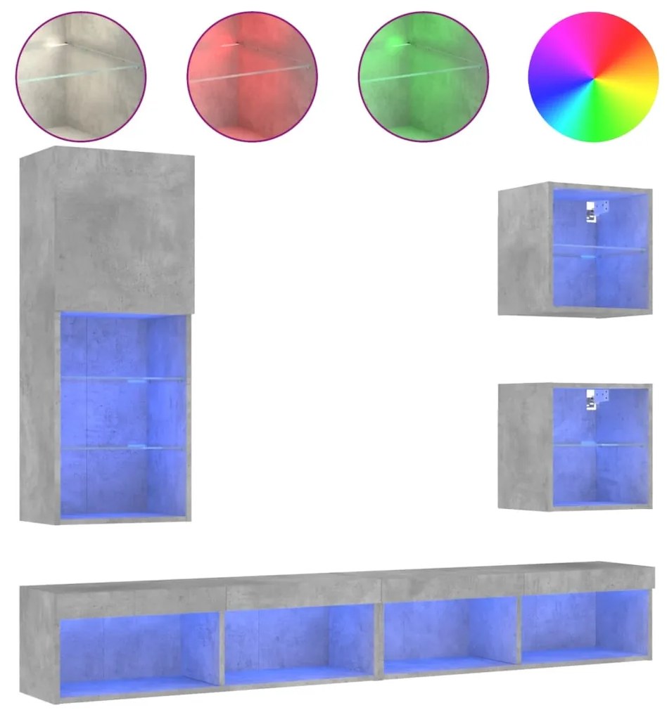vidaXL Έπιπλα Τοίχου Τηλεόρασης 5 τεμ. LED Γκρι Σκυρ. από Επεξ. Ξύλο