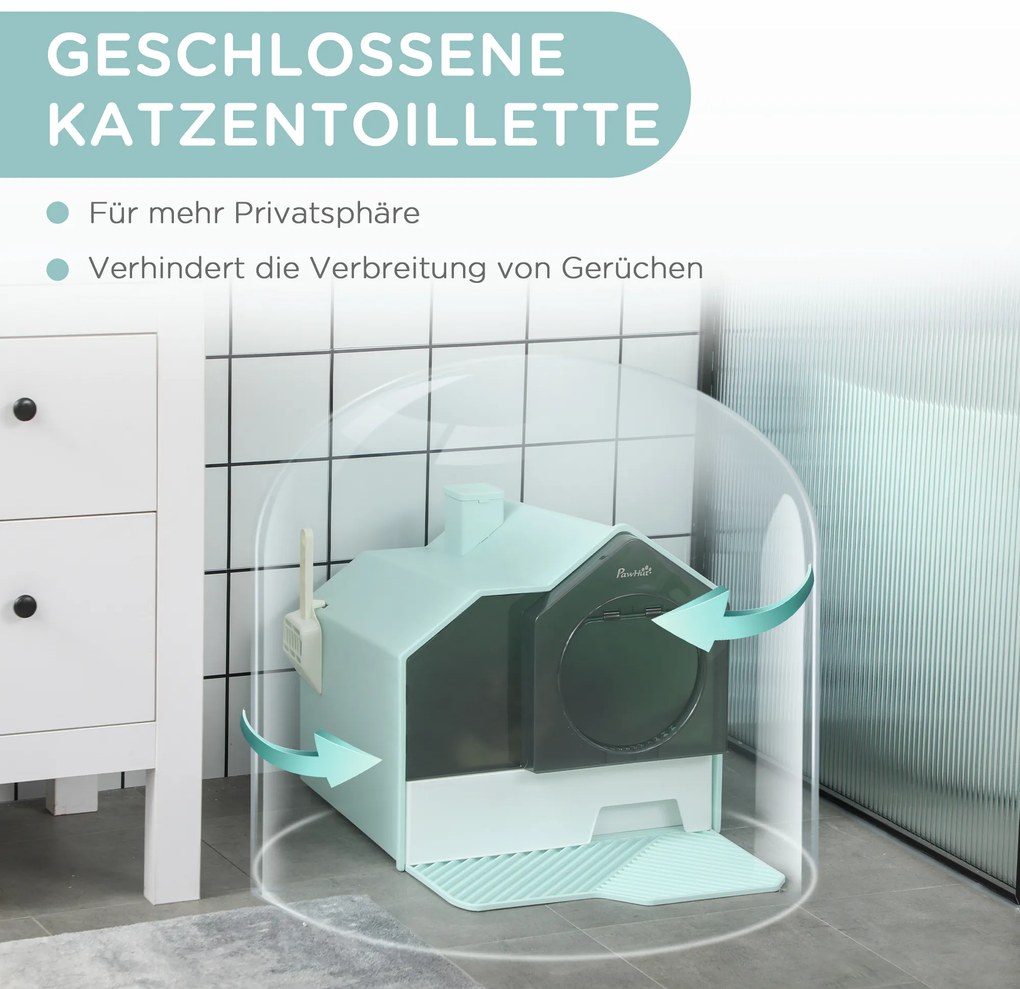 Άμμος γάτας PawHut, Σχεδιασμός καλύβας, 1 σουρωτήρι, 1 φτυάρι απορριμμάτων, αποσπώμενο δάπεδο, πράσινο + λευκό