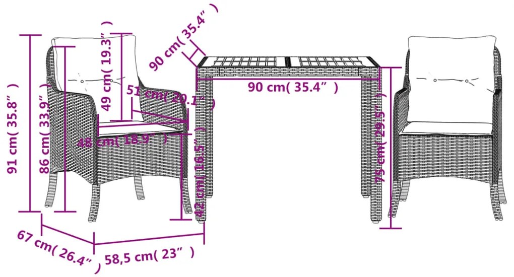 vidaXL Σετ Τραπεζαρίας Κήπου 3 τεμ. Γκρι Συνθ. Ρατάν με Μαξιλάρια