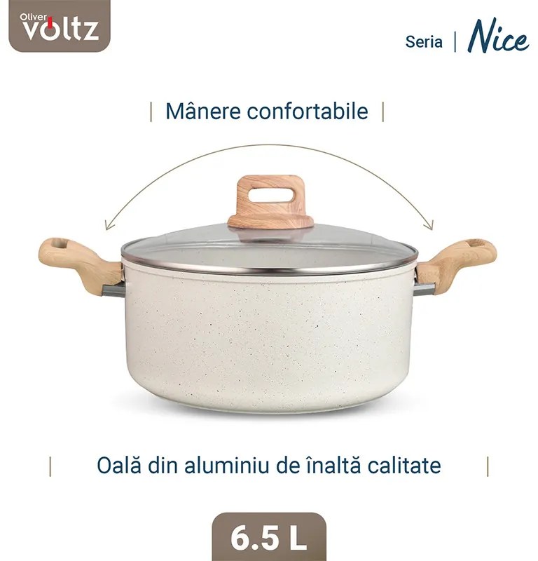 Κατσαρόλα Voltz Nice OV54418E24D, 24x15 cm, 6.5 l, Μαρμάρινο φινίρισμα, Επαγωγή, Κρέμα μελανζέ