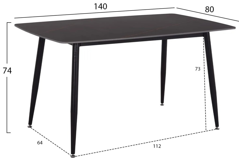 Σετ Τραπεζαρίας RAVEN C21072.02 5τεμ. Κεραμική Επιφάνεια Μαύρο Μάρμαρο &amp; 4 Καρέκλες 140x80x74 εκ.