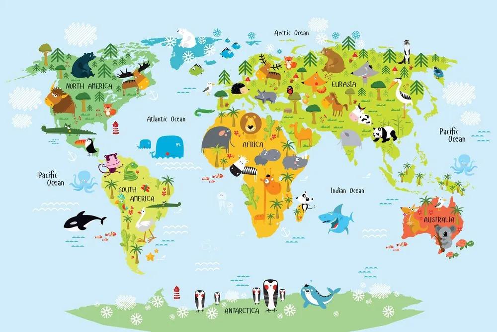 Εικόνα στο φελλό ενός παιδικού παγκόσμιου χάρτη με ζώα - 90x60  smiley