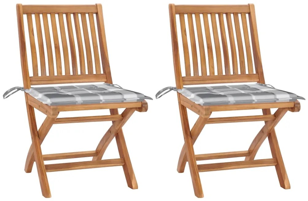 vidaXL Καρέκλες Κήπου 2 τεμ. από Μασίφ Ξύλο Teak & Γκρι Καρό Μαξιλάρια