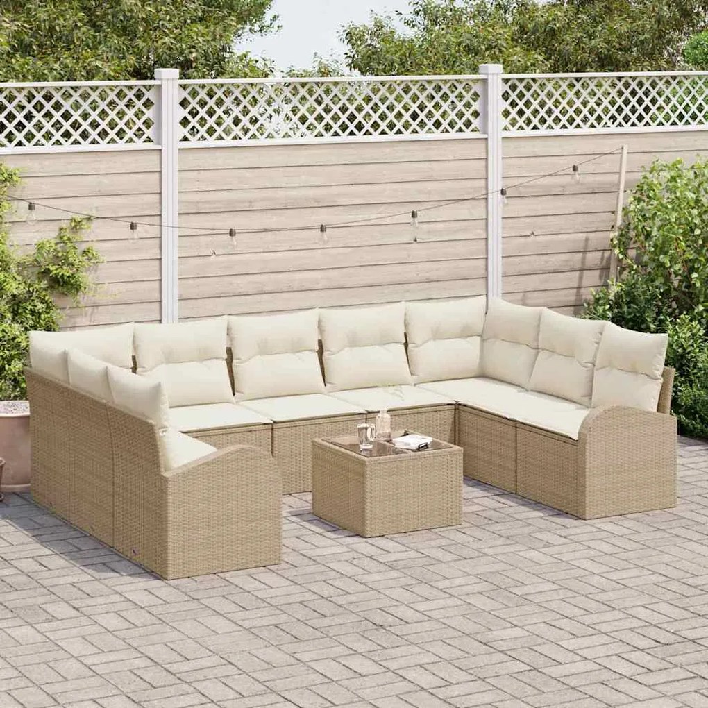 vidaXL Σετ Καναπέ Κήπου με μαξιλάρι 10 pcs Beige, λευκό Πολυ ράταν