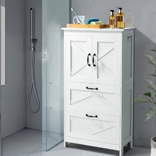 VEVOR Wooden Bathroom Floor Cabinet Storage 2 Drawers and Adjustable Shelf White