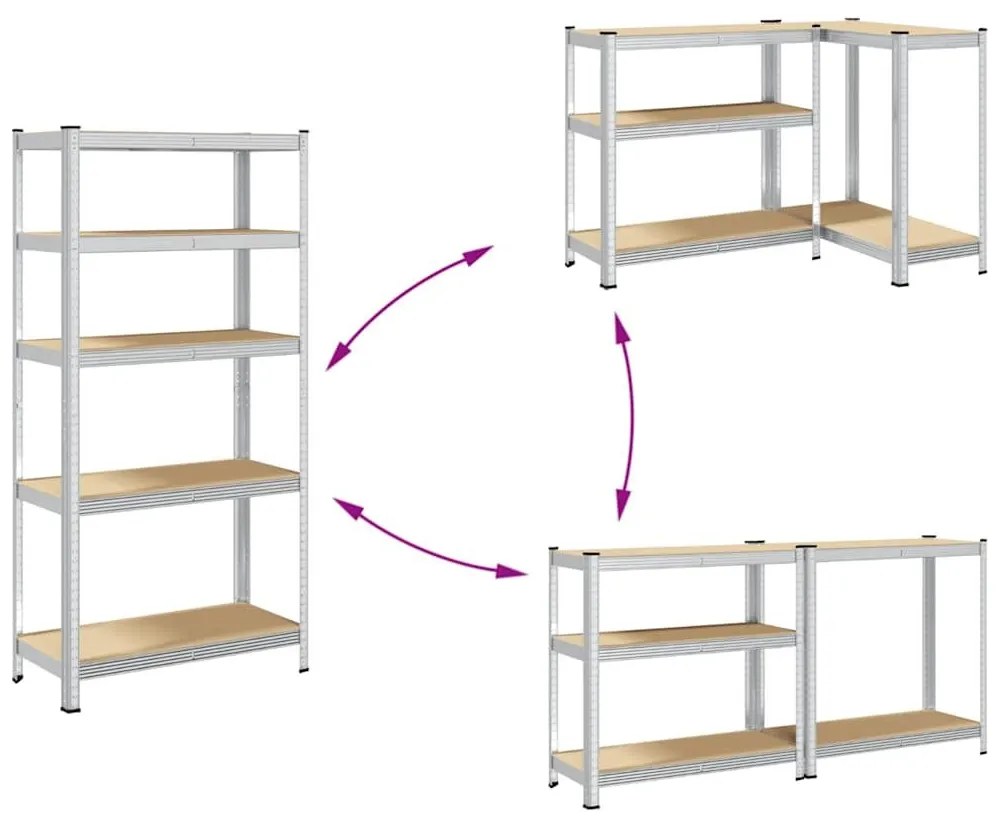 Ράφια αποθήκευσης 5 επιπέδων 2 τμχ Ασημί χάλυβας &amp; Τεχνικό ξύλο - Ασήμι
