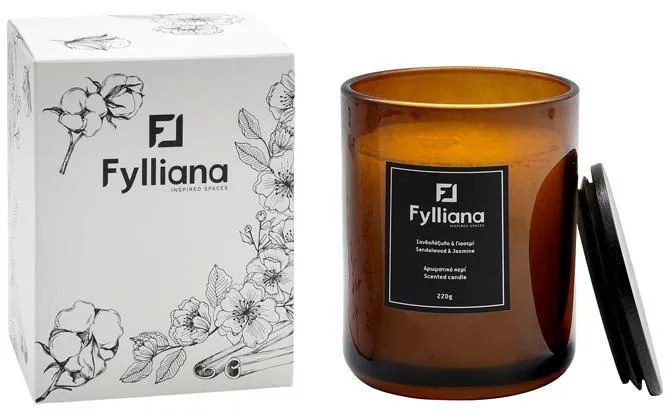 Αρωματικό Κερί FL80105 Fylliana "Σανδαλόξυλο & Γιασεμί" σε Γυάλινο Βάζο 220gr Καφέ Χρώμα με Συσκευασία Δώρου Φ8x10,5 εκ. 8x8x10.5 εκ.