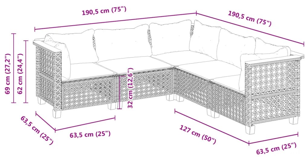vidaXL Σετ Καναπέ Κήπου 5 Τεμαχίων Μαύρο Συνθετικό Ρατάν με Μαξιλάρια