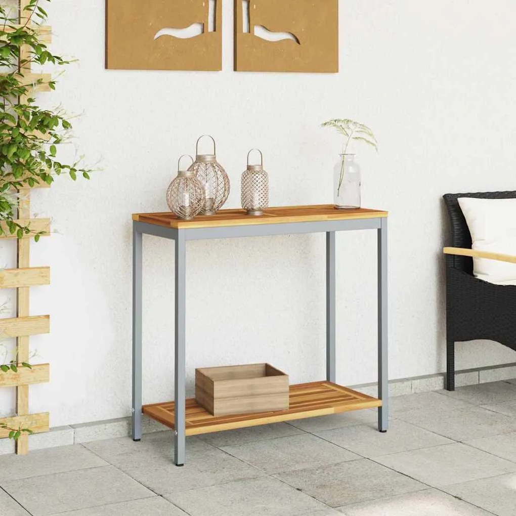 vidaXL Εξωτερικό Τραπέζι σε Φυσικό & Γκρι Χρώμα 35x80x75 εκ από Στερεό Ξύλο και Χάλυβα