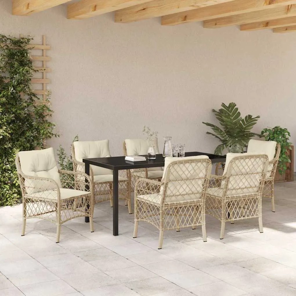 vidaXL Σέτ φαγητού για κήπο με μαξιλάρι 7 pcs Μπεζ Πολυ ράταν