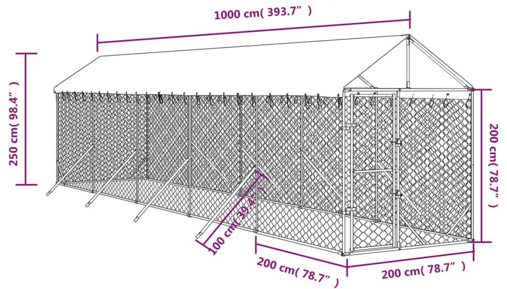 vidaXL Κλουβί Σκύλου Εξ. Χώρου με Οροφή Ασημί 2x10x2,5 μ. Γαλβ. Ατσάλι