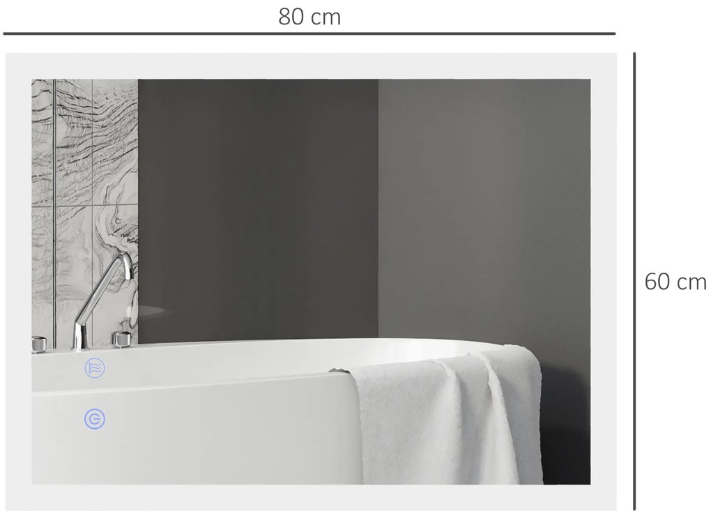 kleankin Καθρέφτης Μπάνιου LED, Οπίσθιος Φωτισμός, Λειτουργία Αφής, Λειτουργία Μνήμης, Χωρίς Ομίχλη, 80 x 60 cm