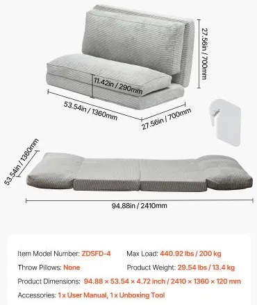 VEVOR Folding Sofa Bed Foldable Couch Bed with Washable Cover Dark Grey (Full)