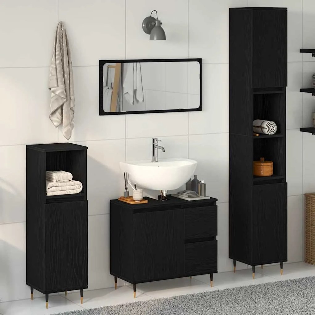 vidaXL Σετ Επίπλων Μπάνιου με πόρτα 3 pcs Μαύρη Οξυά 30 x 30 x 190 εκ