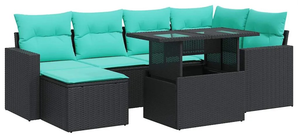 vidaXL Καναπές Σετ 7Τεμαχίων Μαύρο Συνθετικό Ρατάν με Μαξιλάρια Ακακία