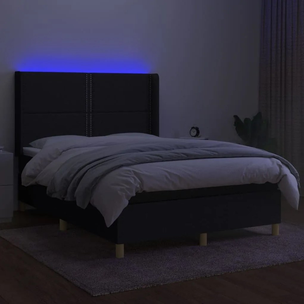 Κρεβάτι Boxspring με Στρώμα &amp; LED Μαύρο 140x190 εκ. Υφασμάτινο - Μαύρο