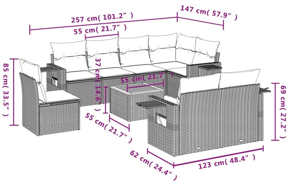 vidaXL Σετ Καναπέ Κήπου 9 τεμ. Μικτό Μπεζ Συνθ. Ρατάν με Μαξιλάρια