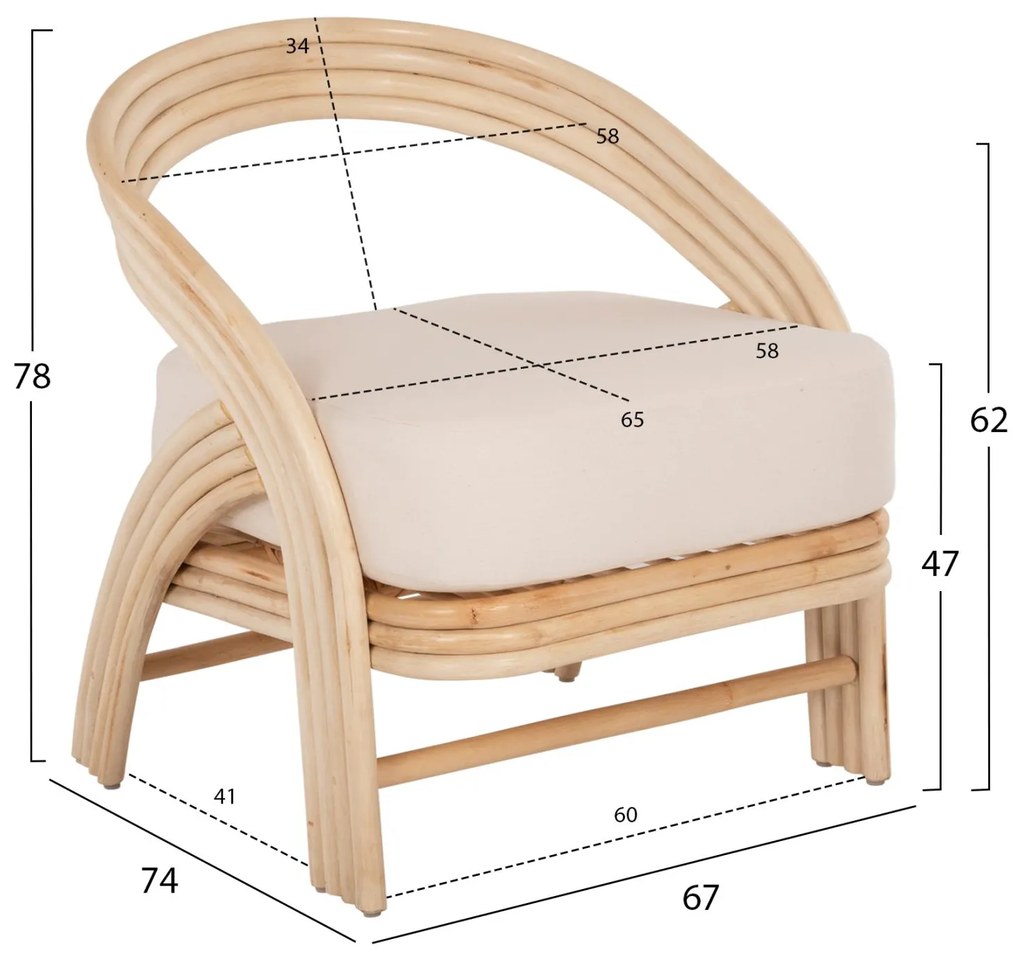 Πολυθρόνα DONITA C9838 Φυσικό Rattan με Λευκό Μαξιλάρι 67x74x78Υεκ. 67x74x78 εκ.