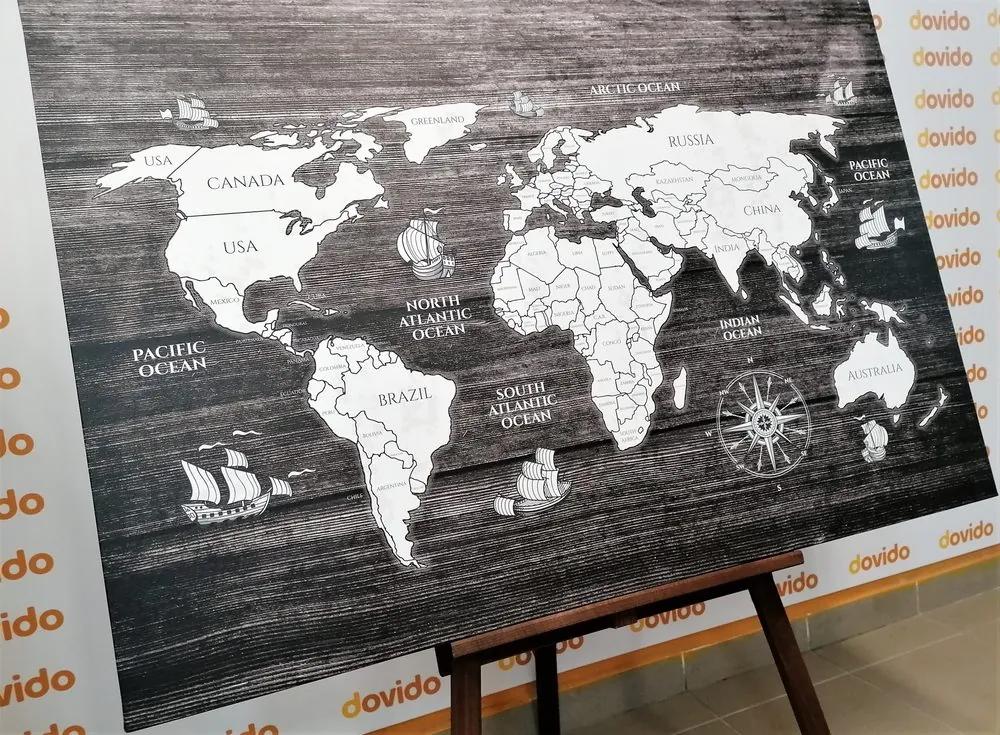 Εικόνα ασπρόμαυρο χάρτη σε ξύλο - 90x60