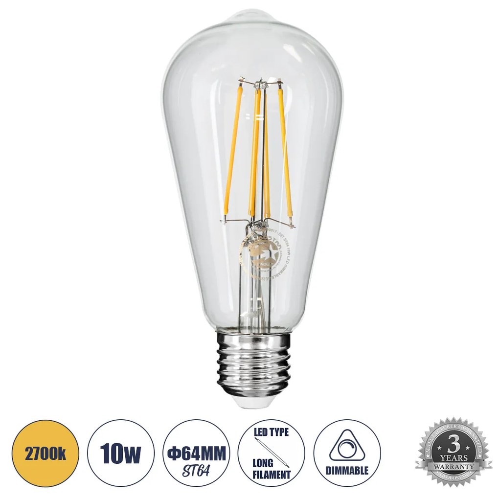 GloboStar 99017 Λάμπα LED Long Filament E27 ST64 Αχλάδι 10W 1000lm 360° AC 220-240V IP20 Φ6.4 x Υ14cm Θερμό Λευκό 2700K με Διάφανο Γυαλί - Dimmable - 3 Years Warranty - 99017