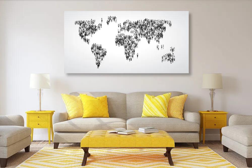 Εικόνα ενός παγκόσμιου χάρτη από φελλό που αποτελείται από άτομα σε μαύρο & άσπρο - 120x60  arrow