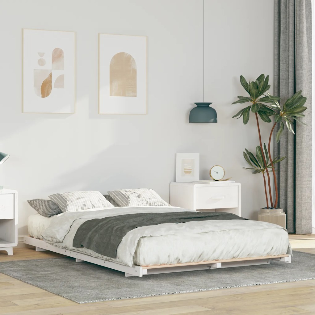 vidaXL Κρεβάτι δαπέδου Λευκό 140 x 190 cm Μασίφ ξύλο πεύκου