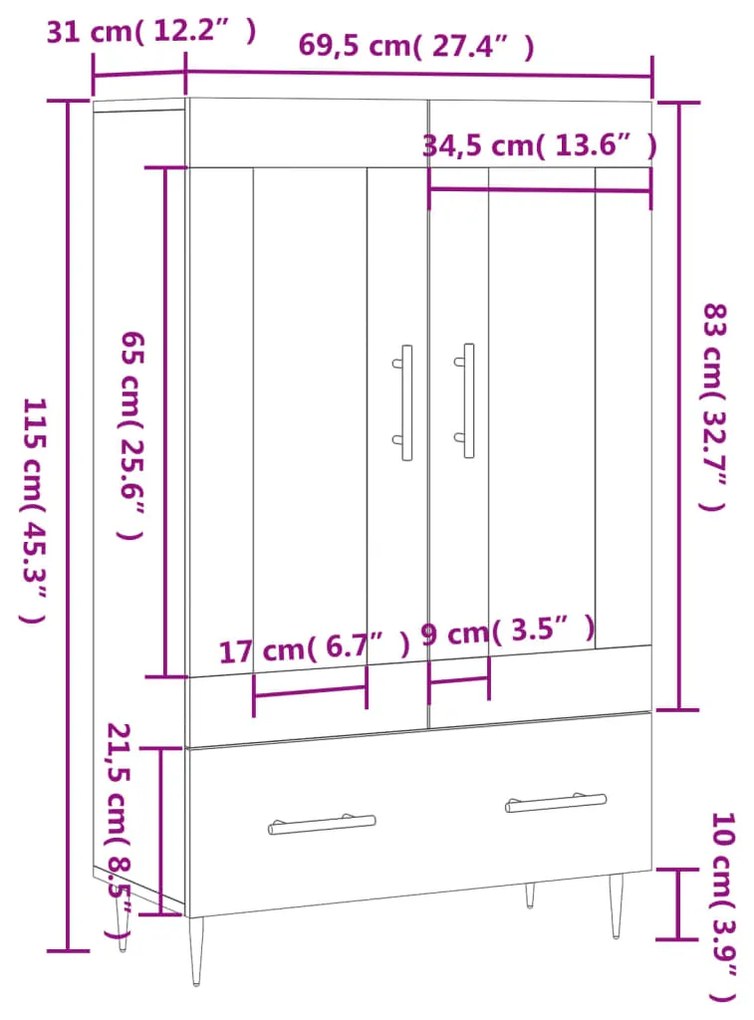 Ντουλάπα Γυαλ. Λευκό 69,5 x 31 x 115 εκ. από Επεξεργασμένο Ξύλο - Λευκό