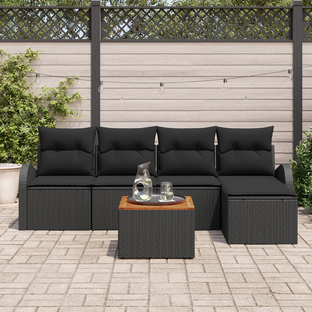 vidaXL Σετ Καναπέ Κήπου 6 pcs Μαύρο Μεγάλο Πολυαιθυλένιο, Ατσάλι, Ξύλο
