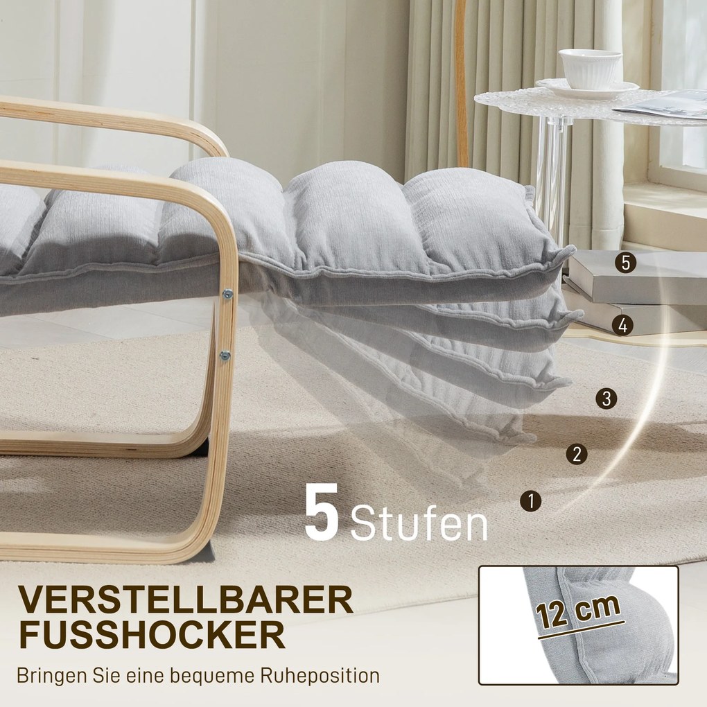 HOMCOM Πολυθρόνα Lounge από ξύλο σημύδας, Πολυθρόνα με ρυθμιζόμενο υποπόδιο, Μοντέρνα πολυθρόνα με μπράτσα, Ανοιχτό γκρι