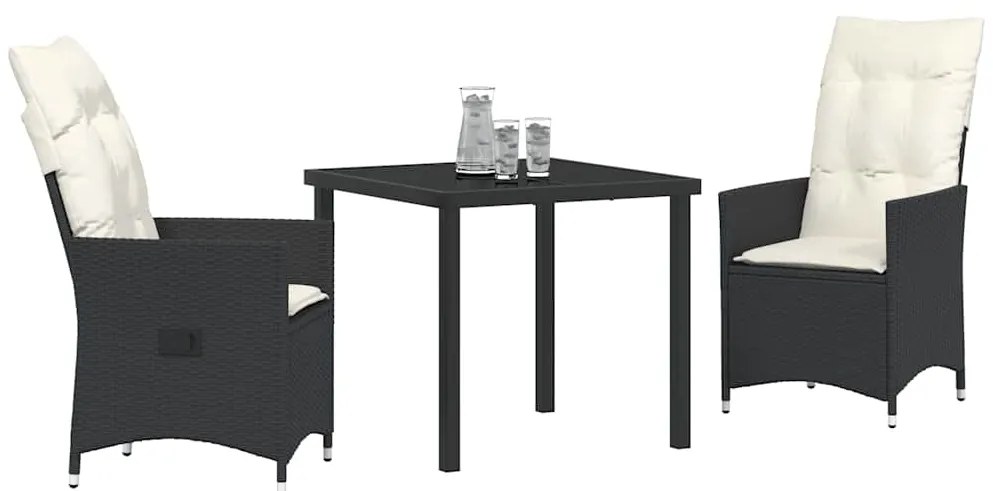 vidaXL Σέτ φαγητού για κήπο με μαξιλάρι 3 pcs Μαύρο Πολυ ράταν
