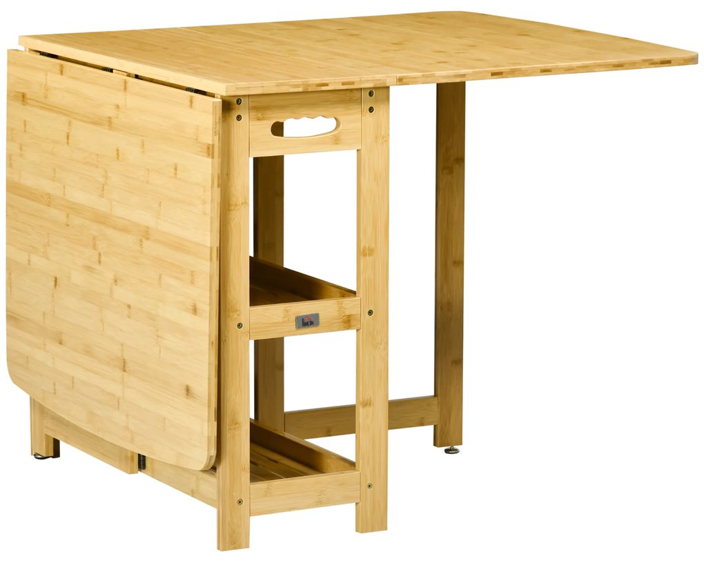 HOMCOM Πτυσσόμενο τραπέζι, τραπέζι τραπεζαρίας, δύο πτυσσόμενες πλευρές, δύο ράφια, ρυθμιζόμενα πόδια, μπαμπού, 149,5 x 80 x 73,5cm