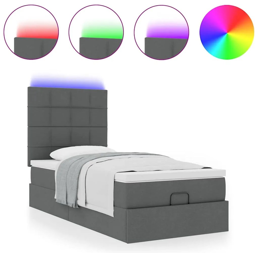 Οθωμανικό κρεβάτι με στρώμα &amp; LEDs Σκούρο γκρι 90x190cm ύφασμα 3313969
