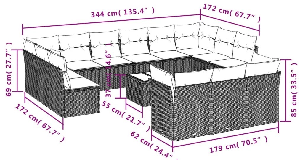 vidaXL Σαλόνι Κήπου Σετ 14 Τεμαχίων με Μαξιλάρια Μαύρο Συνθετικό Ρατάν