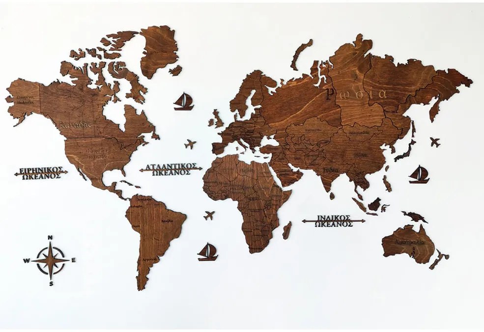 2D Ξύλινος παγκόσμιος χάρτης τοίχου WoodMyMap - 115 x 65 - Με ονόματα - Καστανιά