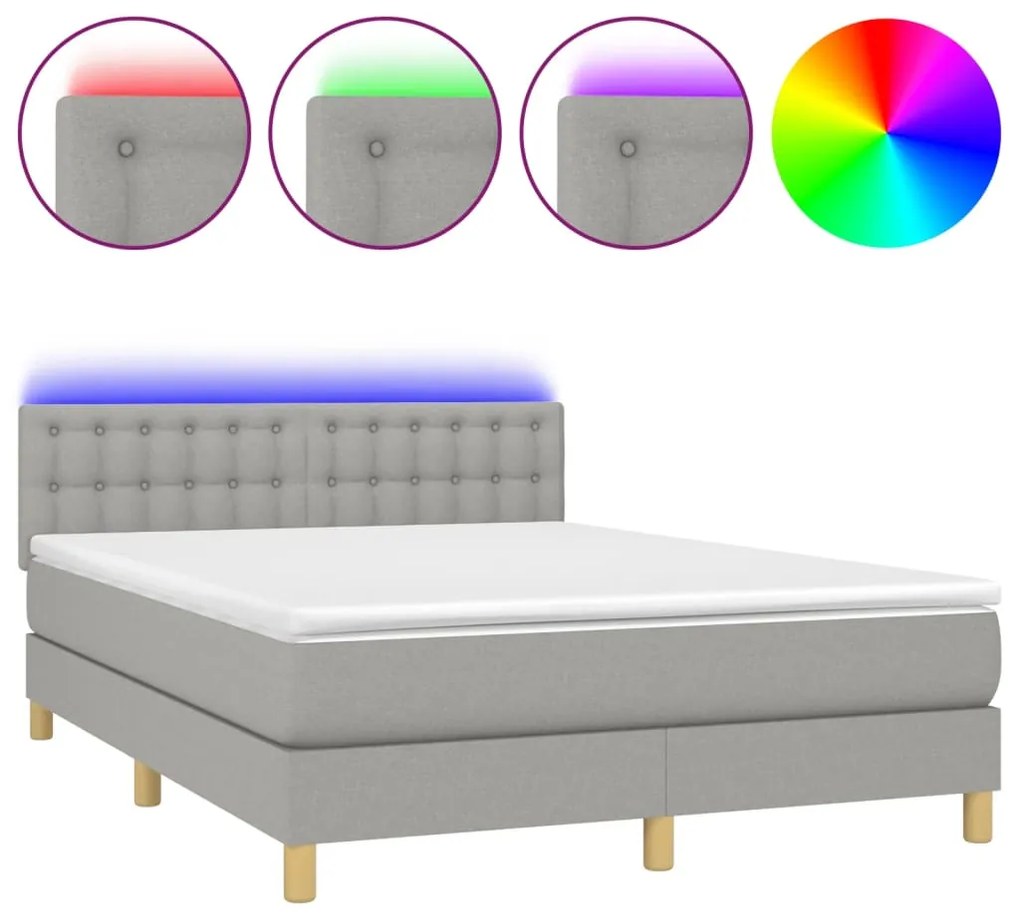 vidaXL Κρεβάτι Boxspring με Στρώμα & LED Αν.Γκρι 140x190εκ. Υφασμάτινο