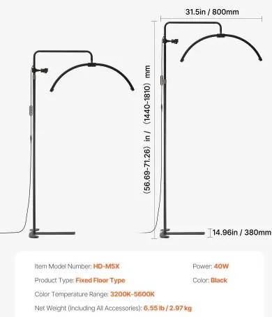 Half Moon Light for Esthetician 26inch Dimmable LED Floor Lamp Lash Light Arched