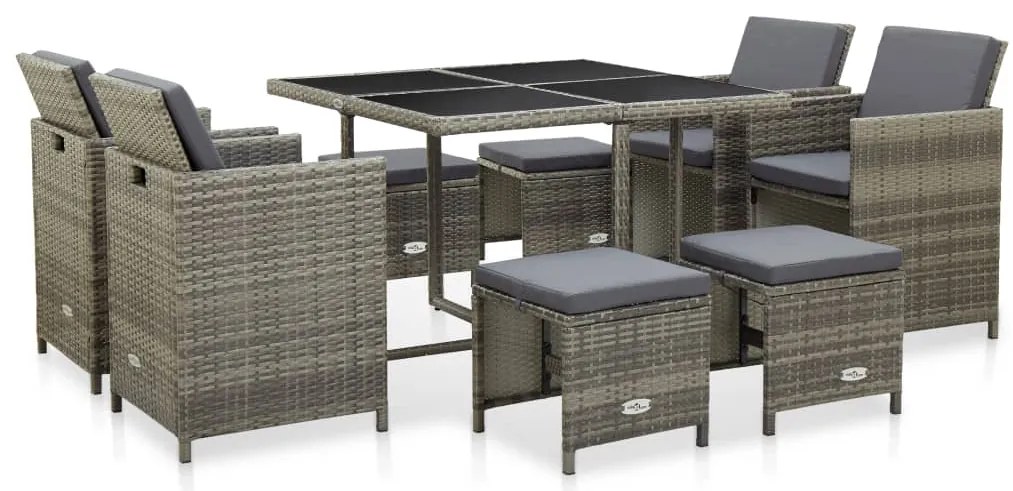 vidaXL Σετ Τραπεζαρίας Εξ. Χώρου 9 τεμ. Γκρι Συνθ. Ρατάν με Μαξιλάρια